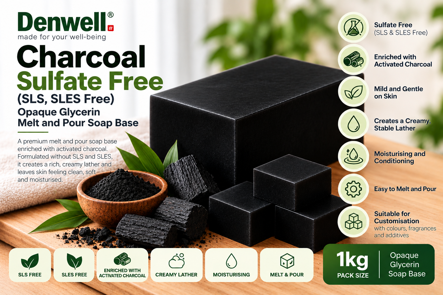 Denwell Charcoal Sulfate Free opaque glycerin melt and pour soap base with black soap blocks